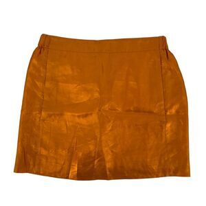 J Crew Mini Skirt 100% Silk Orange Size 4 Metallic Elastic Waist Pockets Classic